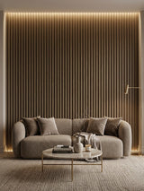 Illuminated Royal Oak WPC fluted panel accent wall behind a curved living room sofa