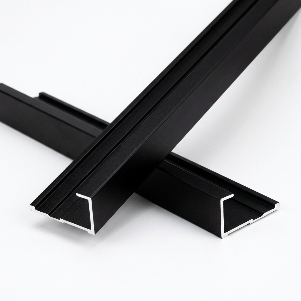 Two black aluminum alloy end cap trim pieces crossed to show their channel profiles