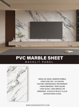 Regal Harmony marble veneer panel specification graphic with a veined sample and TV wall installation