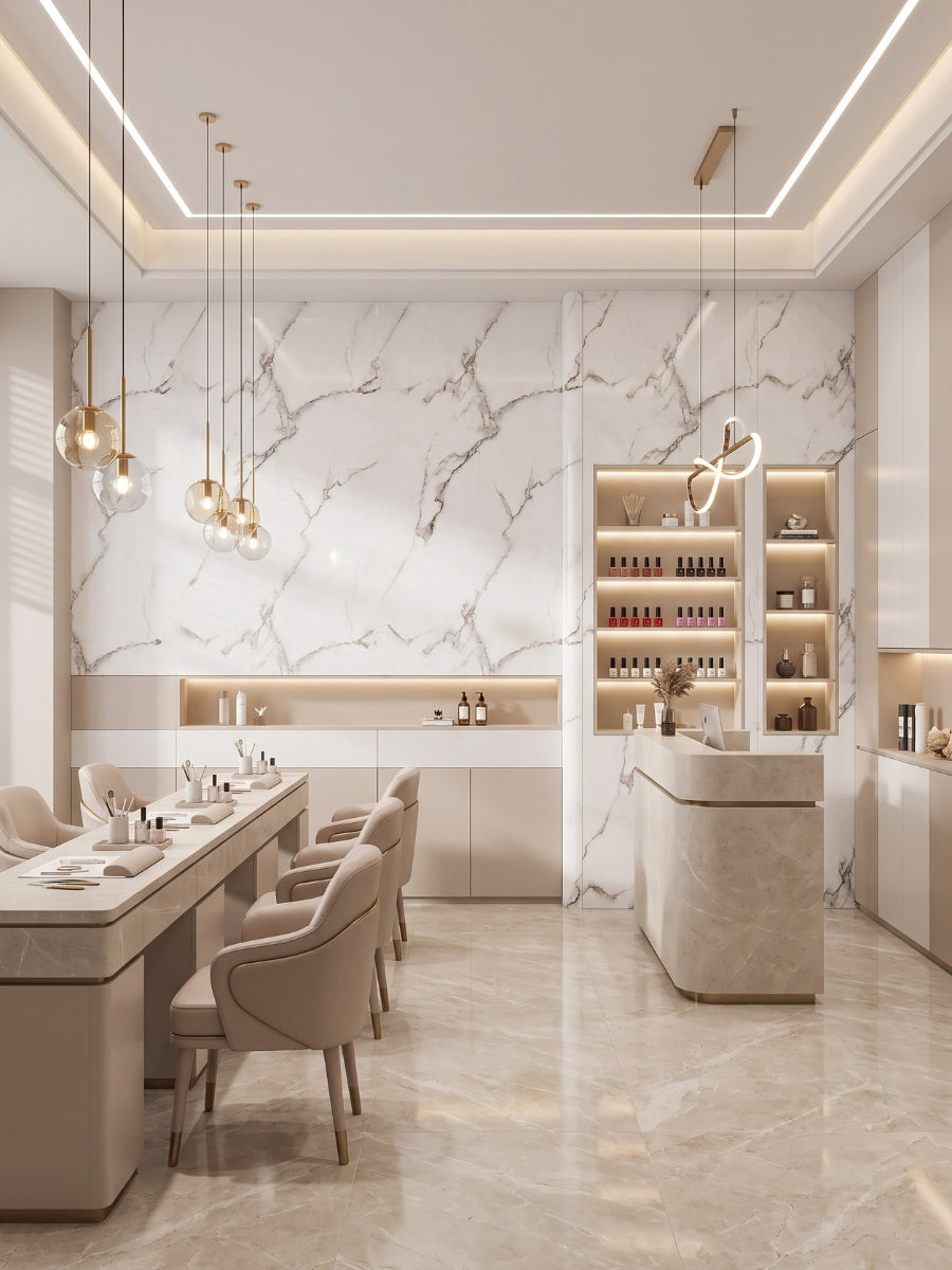 Calacatta White marble-look PVC feature wall in a bright commercial interior with counters and pendant lights