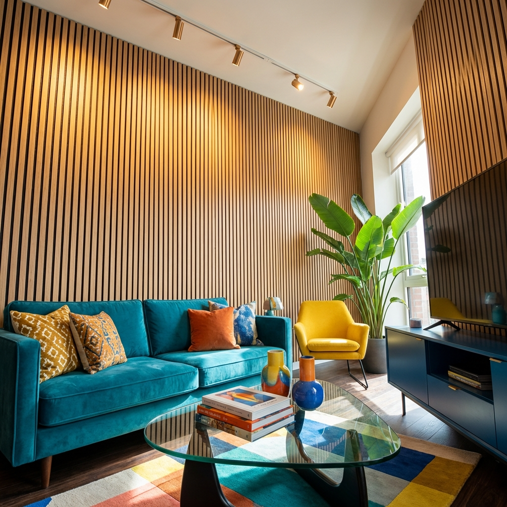Living room with light oak acoustic slat wall panel feature wall and track lighting
