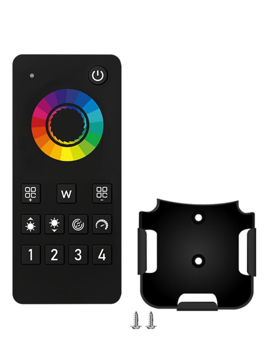 Black RGB LED strip remote with color wheel, control buttons, wall holder and mounting screws