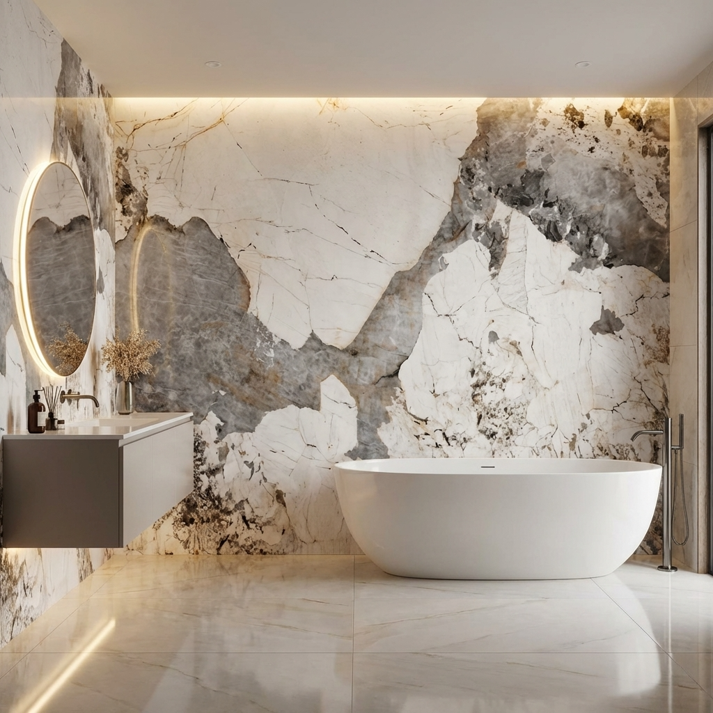 Pandora Granite waterproof wall panels surrounding a freestanding tub in a bright modern bathroom