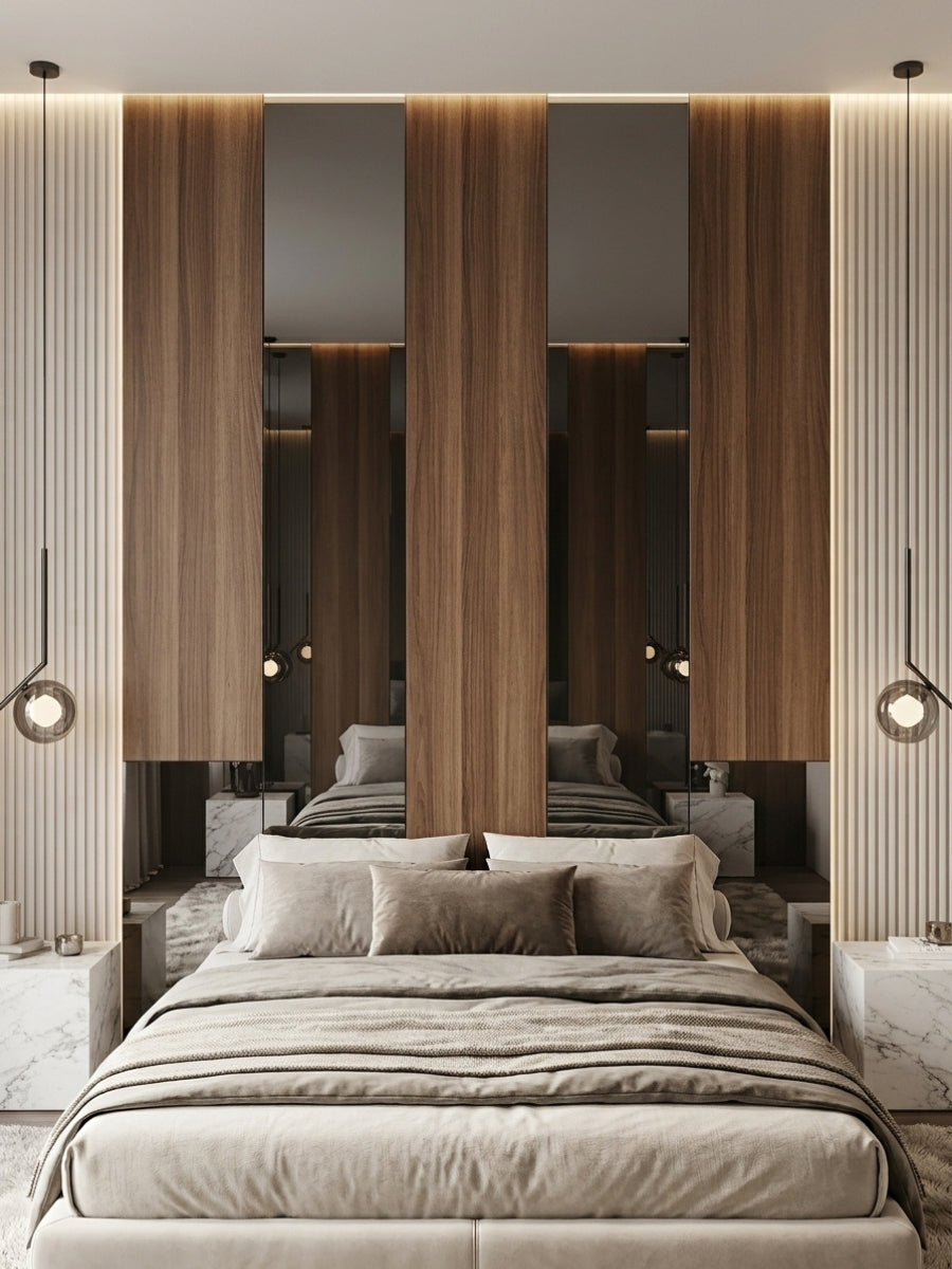Black Mirror wood veneer panels alternating with vertical walnut panels behind a modern bed