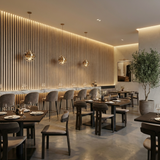 Natural oak acoustic wood slat wall behind the bar in a modern restaurant