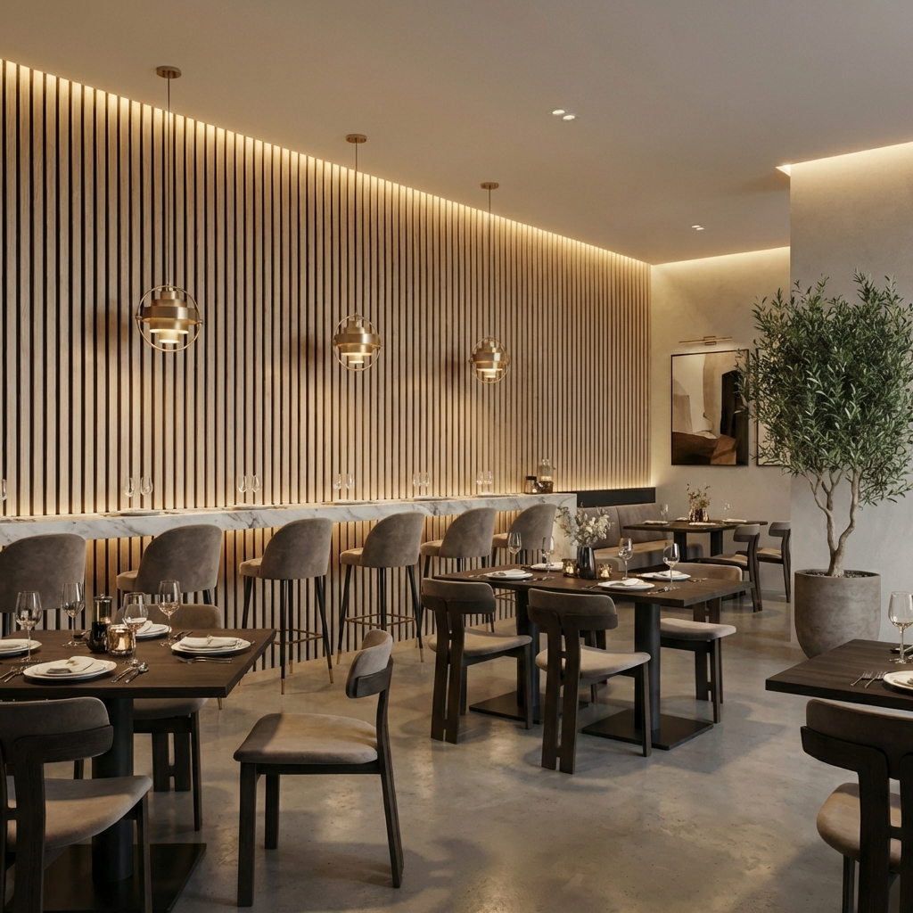 Natural oak acoustic wood slat wall behind the bar in a modern restaurant