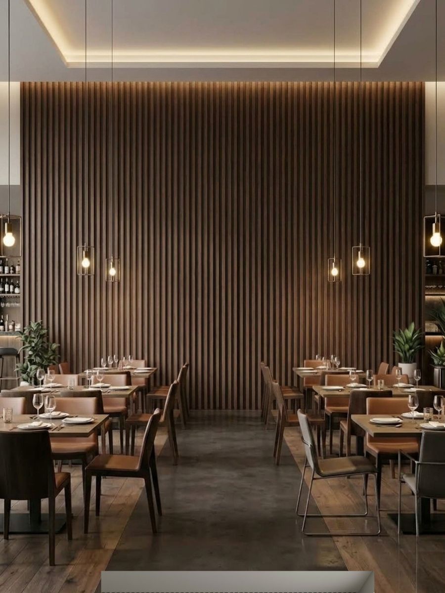 Floor-to-ceiling walnut WPC fluted feature wall in a modern restaurant dining area