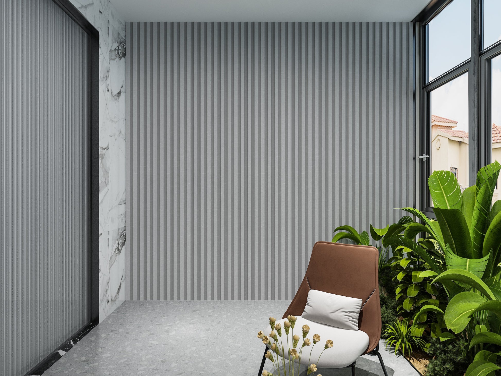 White linen WPC Fluted 3D Wall Panels. Accel Distribution Inc. Balcony Design With WPC Fluted Wall Panels