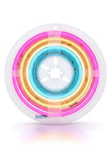 Front view of a color-changing RGB LED light strip reel illuminated in pink, amber, and blue
