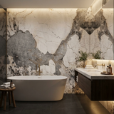Pandora Granite veneer feature wall with dramatic white and gray veining behind a bathtub and floating vanity