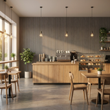 Ash gray acoustic wood slat panel feature wall behind a modern cafe counter