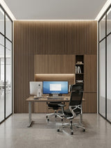 Royal Oak WPC fluted wall panels installed behind a desk and cabinetry in a modern office