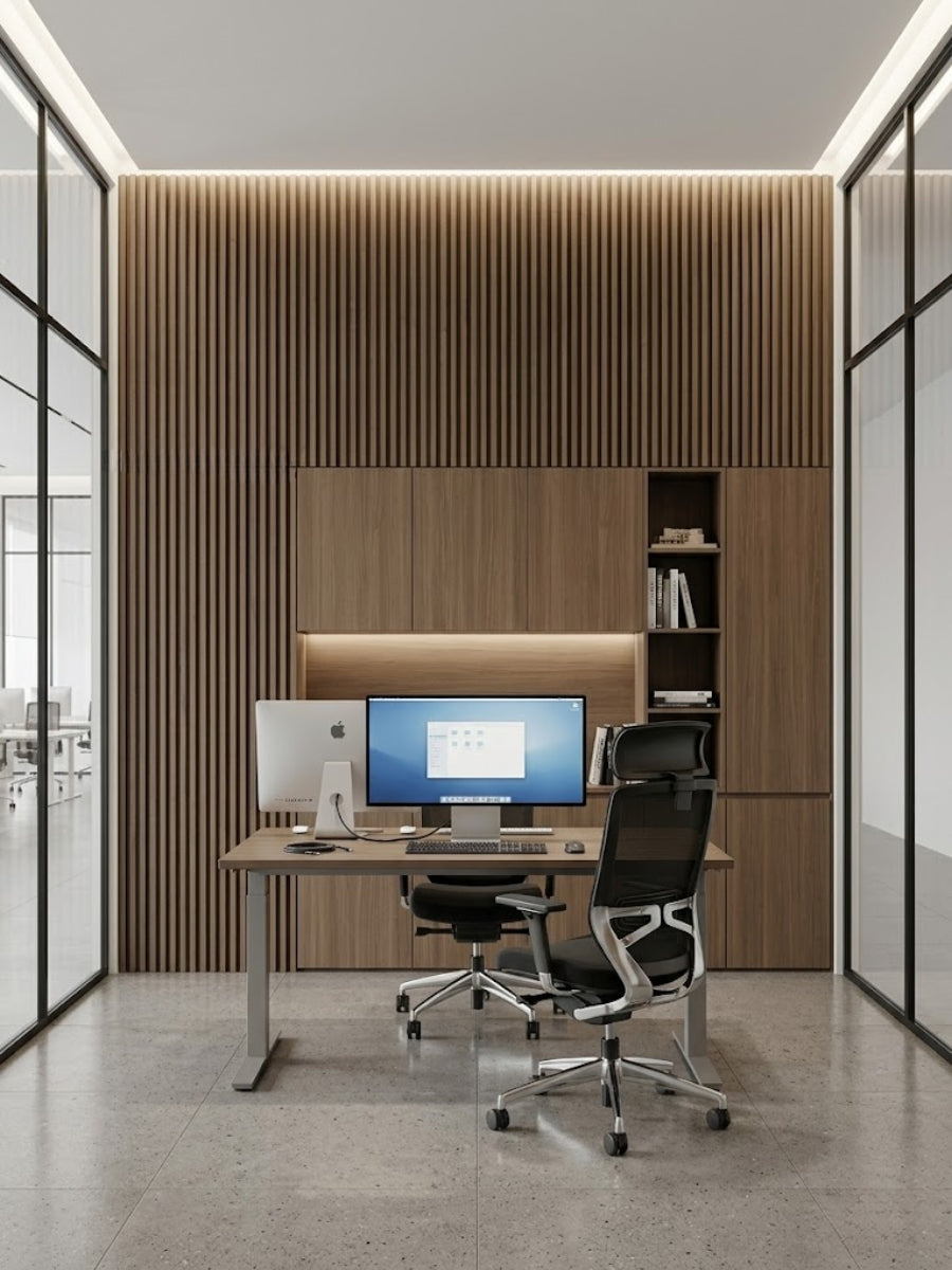 Royal Oak WPC fluted wall panels installed behind a desk and cabinetry in a modern office