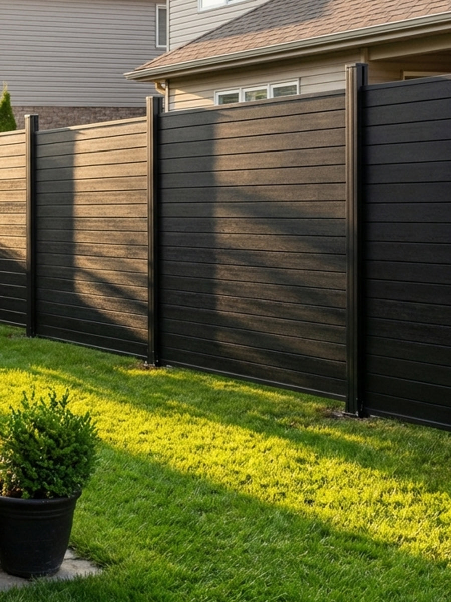 Black aluminum full privacy fence panels installed along a grassy residential backyard