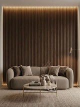 Illuminated walnut WPC fluted wall panels behind a curved sofa in a modern lounge