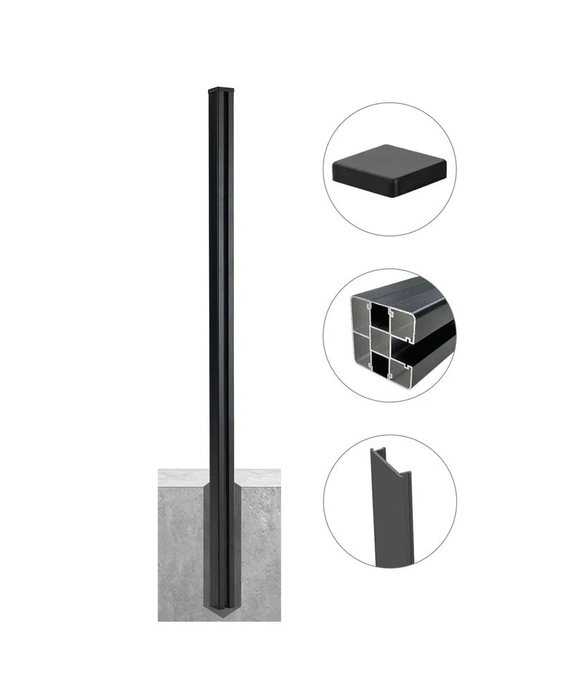 Dark gray 8 ft in-ground fence post set in concrete with cap, cross-section, and channel detail callouts
