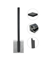 Dark gray 8 ft in-ground fence post set in concrete with cap, cross-section, and channel detail callouts