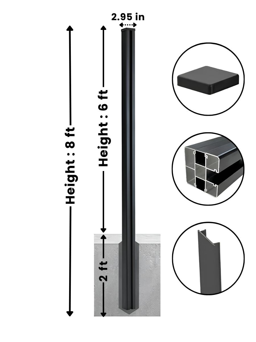 8 ft in-ground fence post diagram showing 6 ft above ground, 2 ft embedded, and 2.95 in width