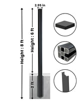 8 ft in-ground fence post diagram showing 6 ft above ground, 2 ft embedded, and 2.95 in width