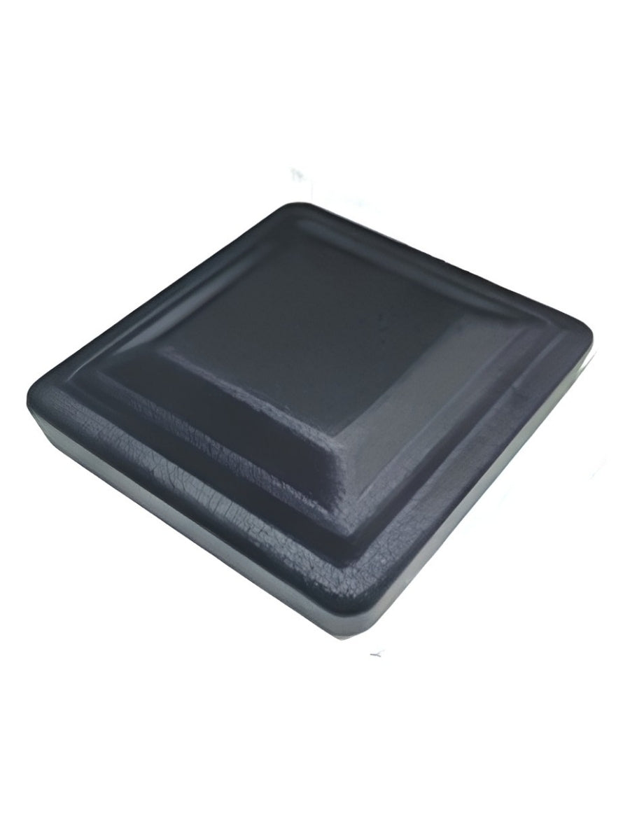 Close-up of the black square post cap for the NewGen inground gate post