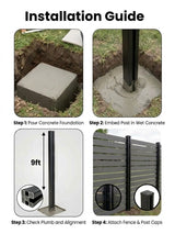 Four-step installation guide for setting a 9 ft inground gate post in concrete and attaching fence panels and caps