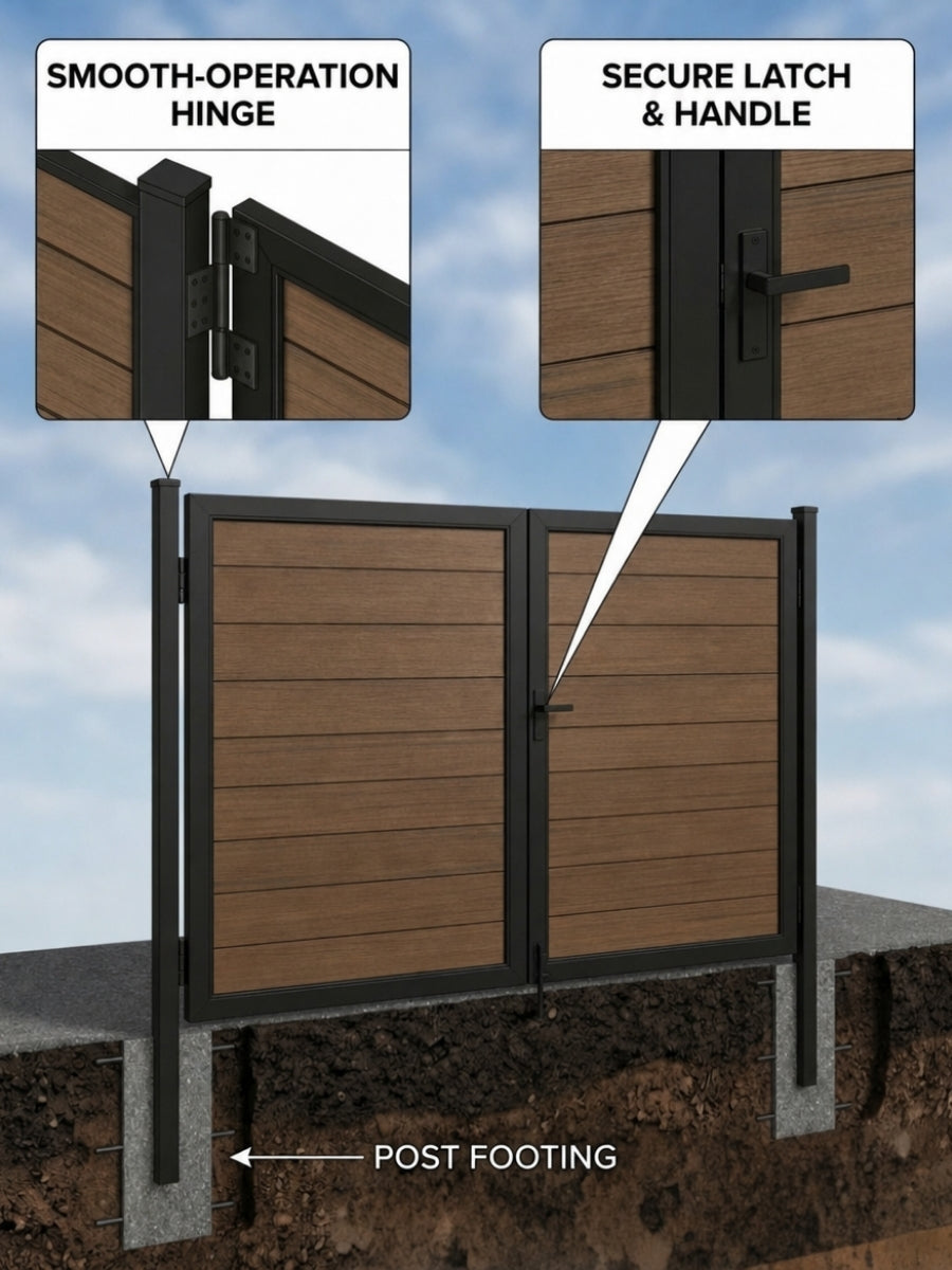 Composite double gate installed on black NewGen inground posts with hinge, latch and concrete footing details