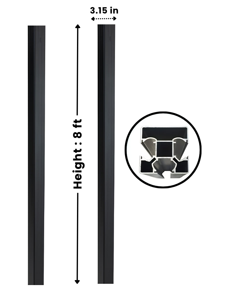 Black 8 ft in-ground gate post with 3.15-inch width and cross-section profile detail