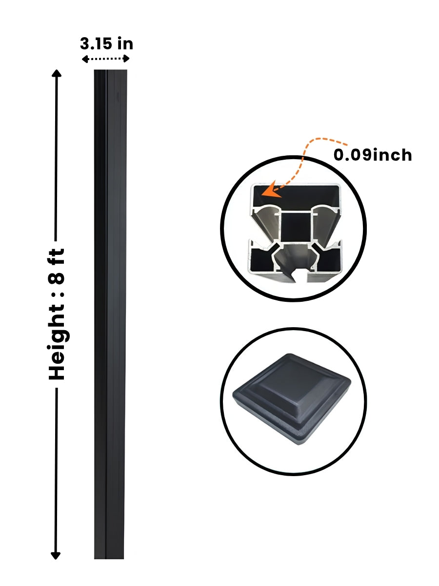 Black 8 ft in-ground gate post with 3.15-inch width, 0.09-inch wall profile, and square cap