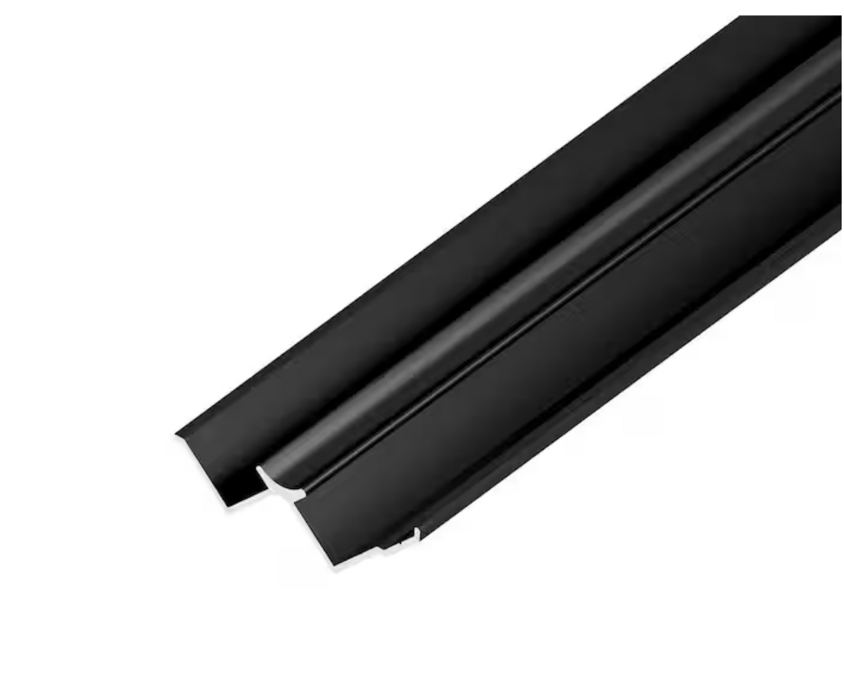 Black aluminum alloy inside corner trim shown at an angle with its grooved profile visible