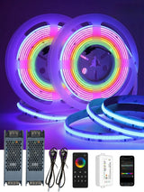Two RGB LED strip reels glowing in multiple colors with power supplies, cords, remote, Wi-Fi controller, and phone control
