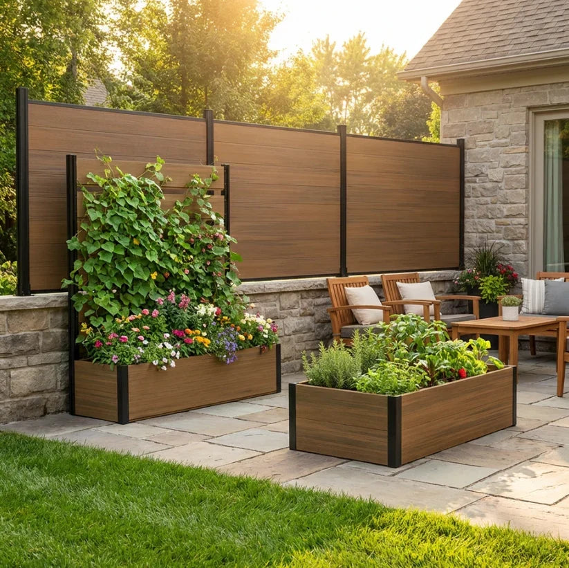 Raised wooden garden box with vertical trellis and flowering plants on outdoor patio deck
