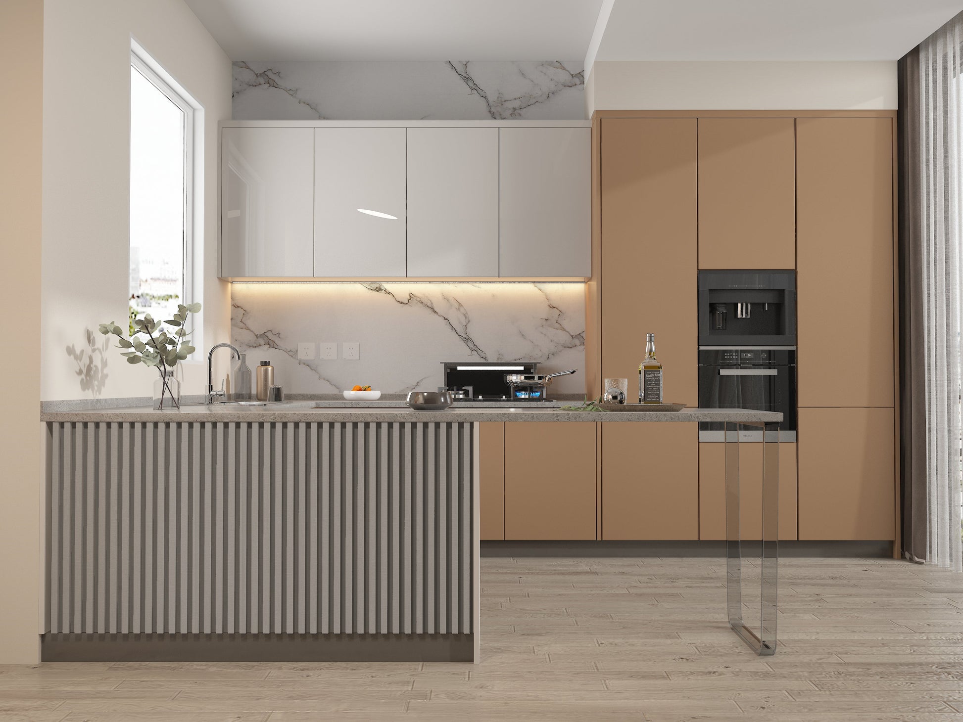 White linen WPC Fluted 3D Wall Panels. Accel Distribution Inc. Kitchen Design From WPC Fluted Wall Panels