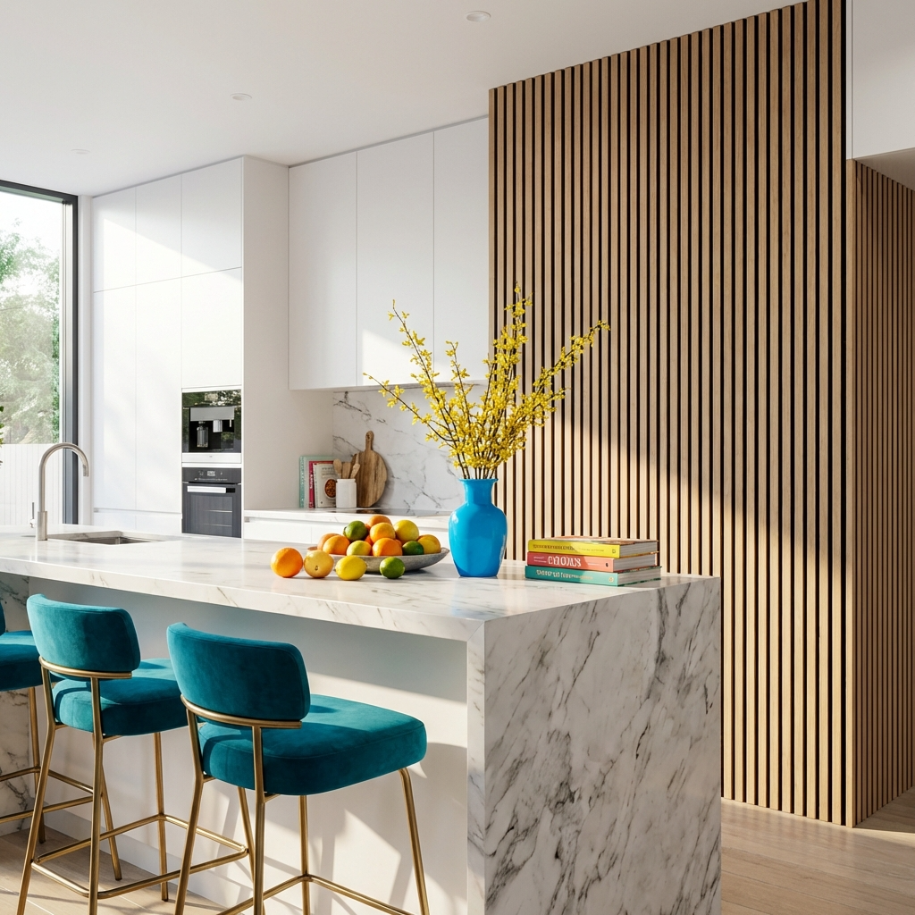 Modern kitchen with light oak acoustic slat wall panel feature wall