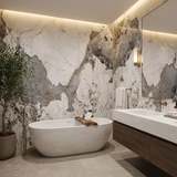Pandora Granite Infinity Design panels covering adjoining bathroom walls beside a tub and double vanity
