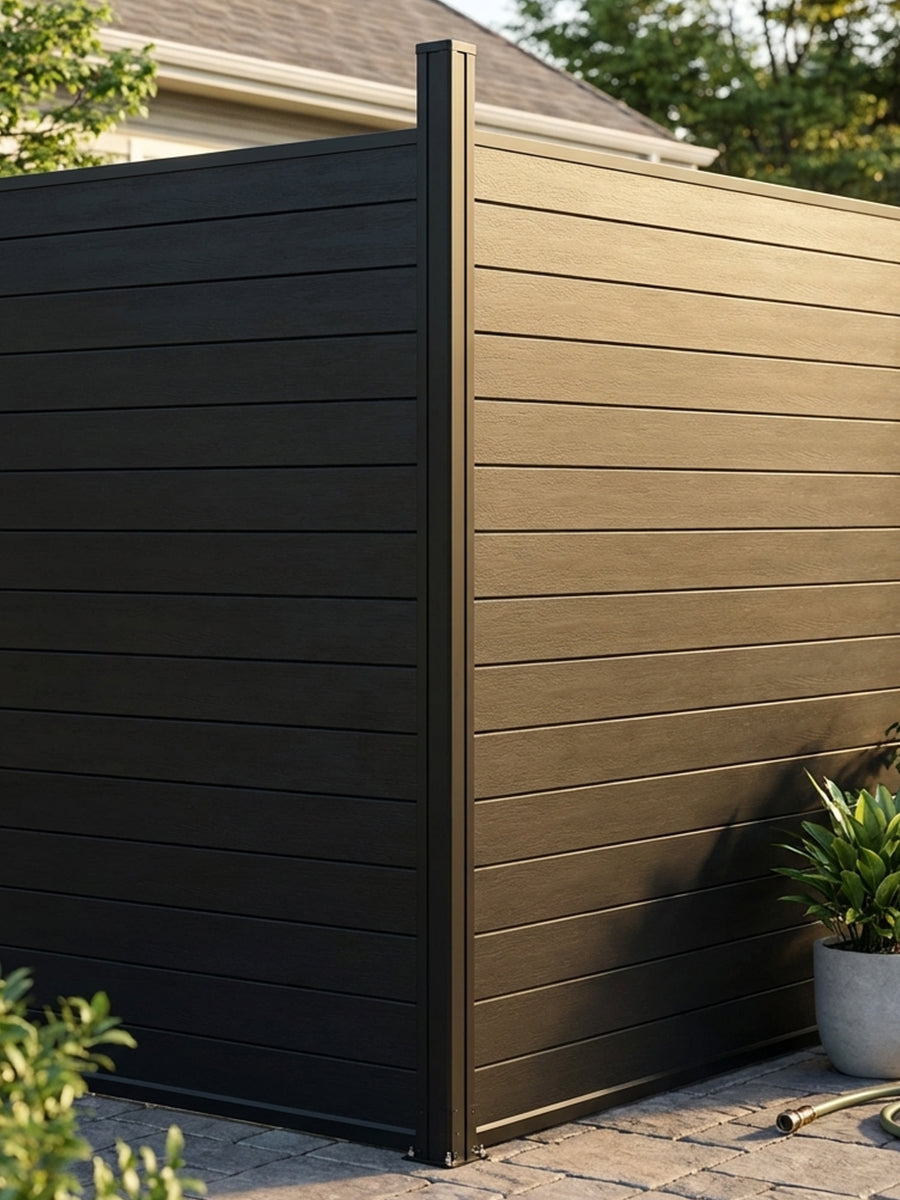 Black aluminum full privacy fence installed around a patio corner with horizontal panels and potted plants