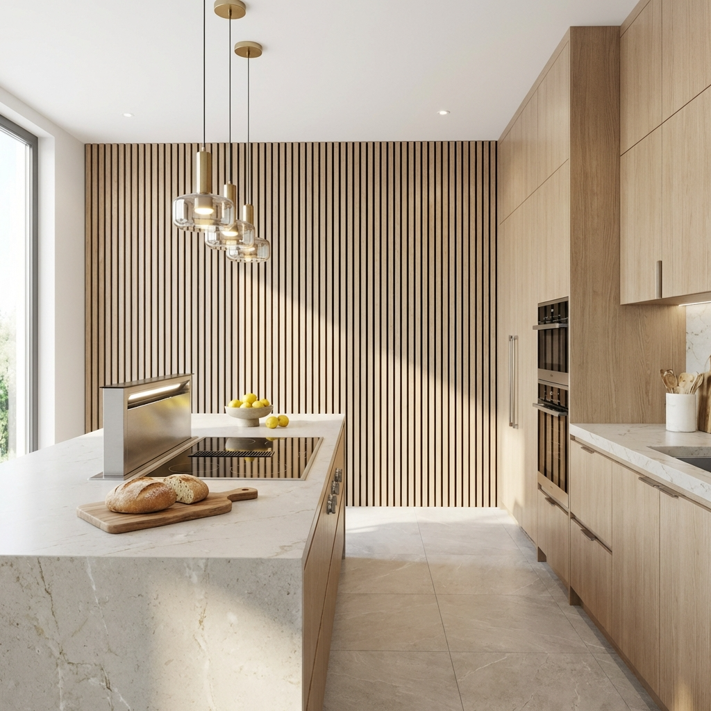 Oak acoustic wood slat panel feature wall behind a modern kitchen island