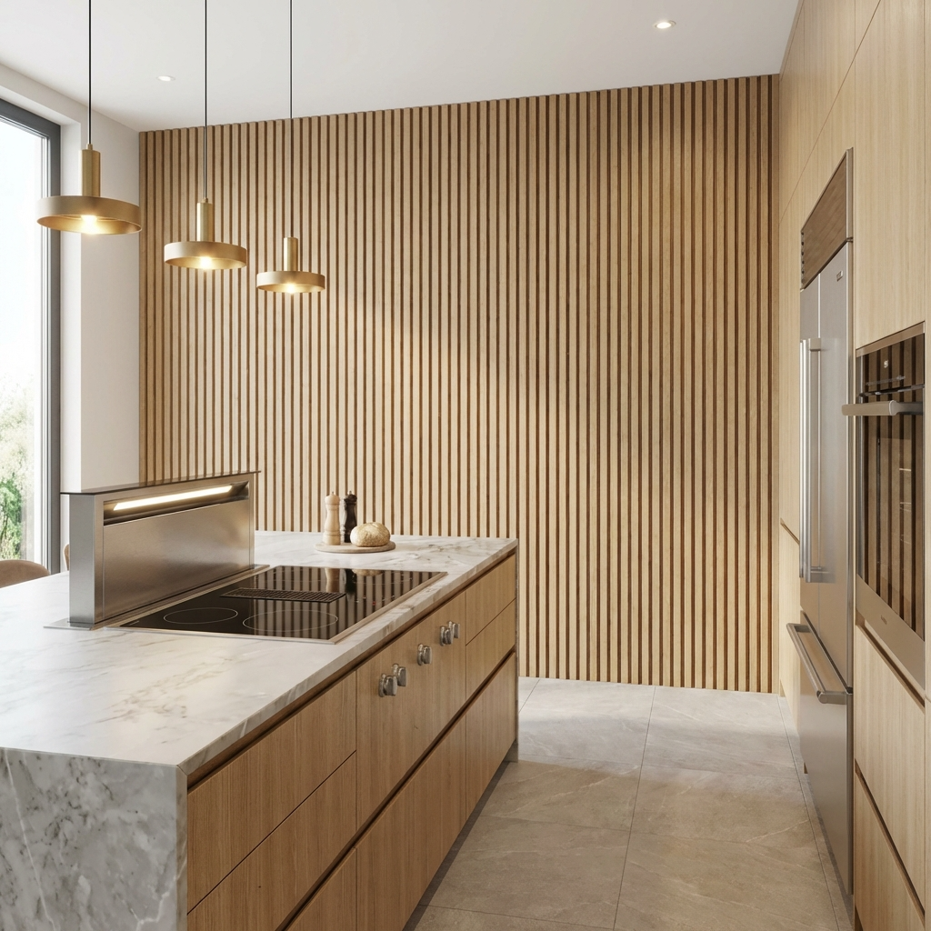 Natural oak acoustic wood slat feature wall in a modern kitchen