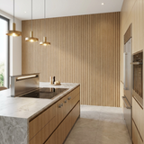Natural oak acoustic wood slat feature wall in a modern kitchen