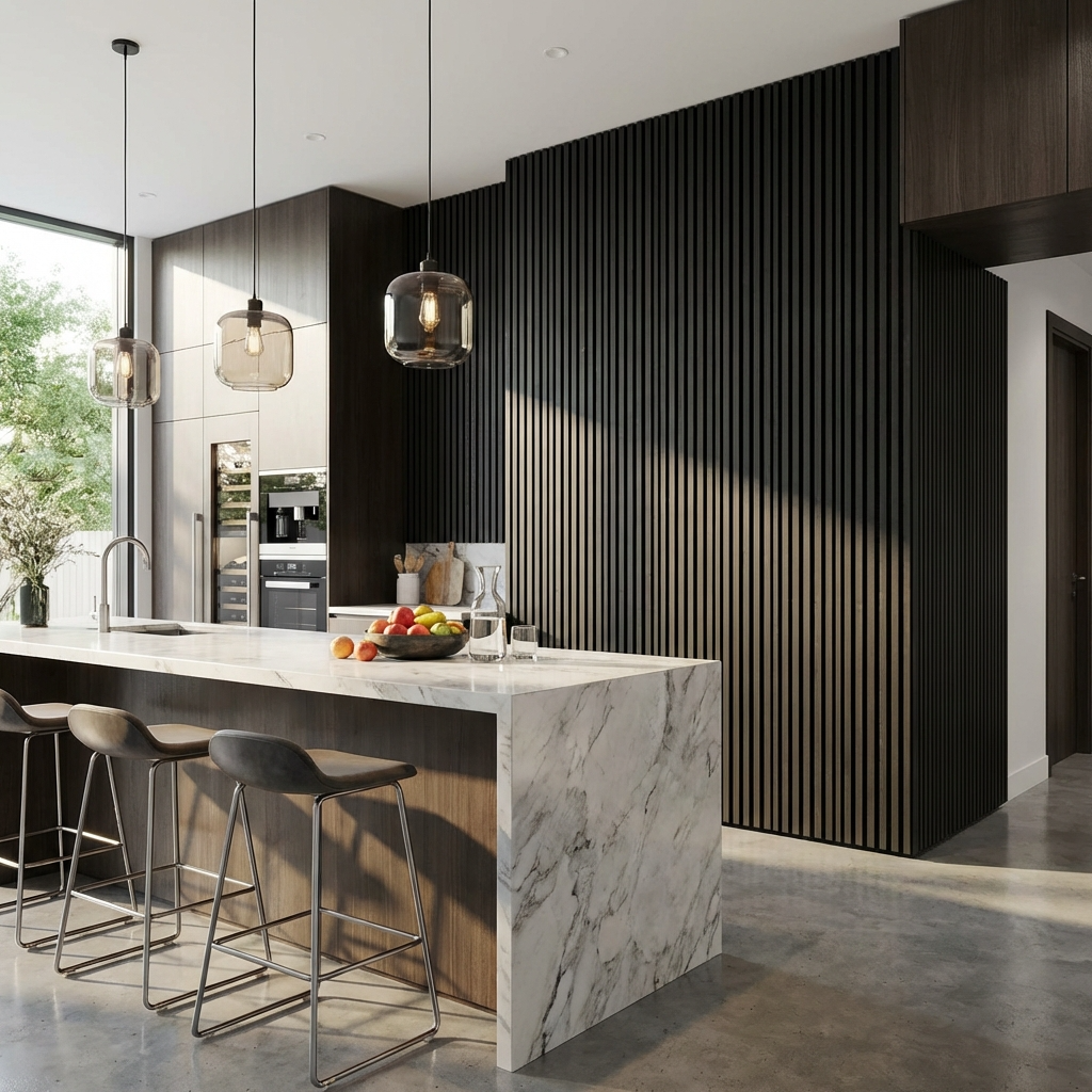 Black Acoustic Slat Wall Panels Installed in Modern Luxury Kitchen with Feature Wall Design
