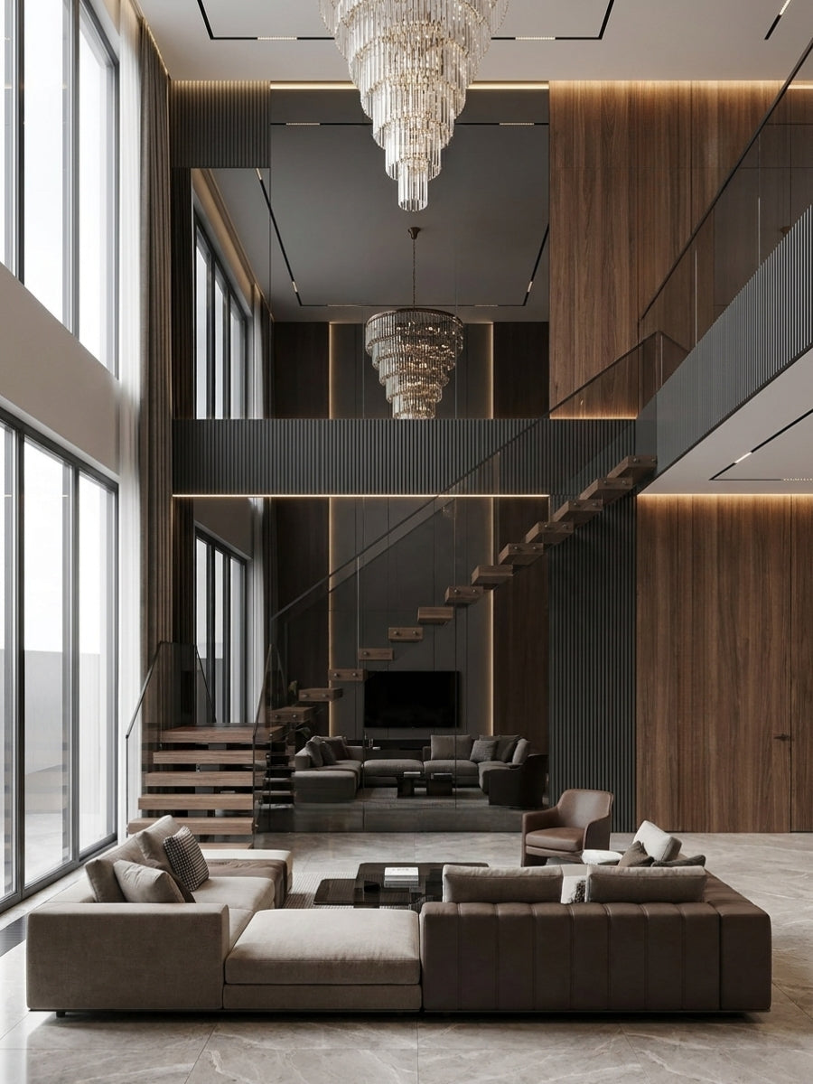 Black Mirror wood veneer panels used across a double-height living room with wood walls and chandeliers