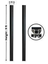 Black 9 ft inground gate post shown from two sides with 3.15-inch width and cross-section detail