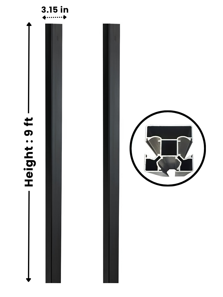 NewGen 9ft inground gate post shown from two sides with 3.15-inch width and cross-section detail