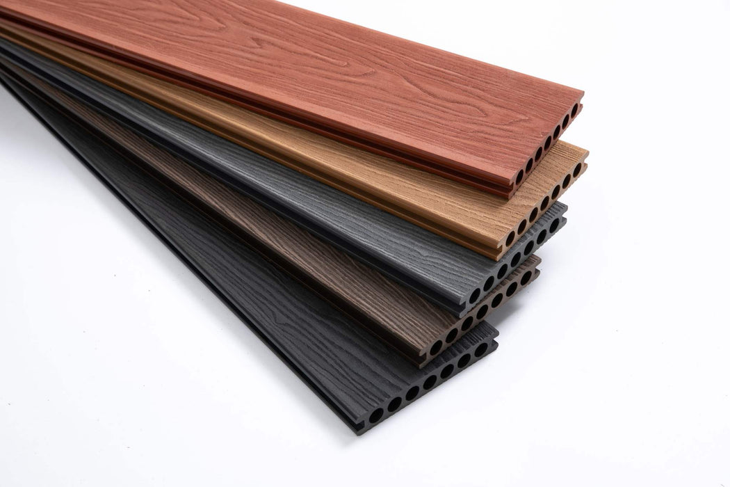 Silver-gray composite decking board with grooved and smooth sides