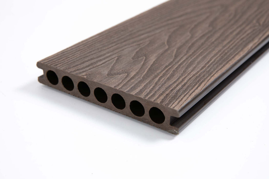 Brown mahogany composite deck board with wood grain texture