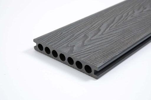 Dark gray composite deck board with wood grain texture