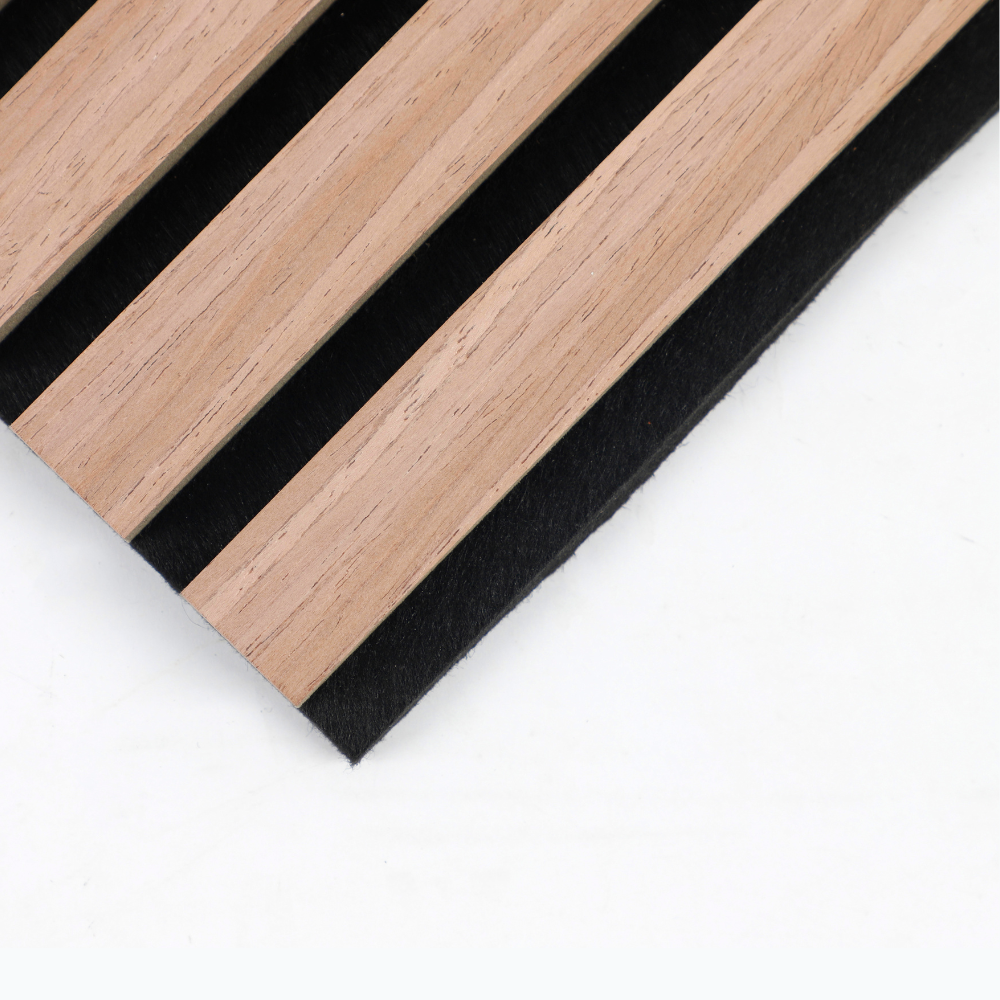 Close-up of natural wood grain, slat spacing, and textured black panel backing