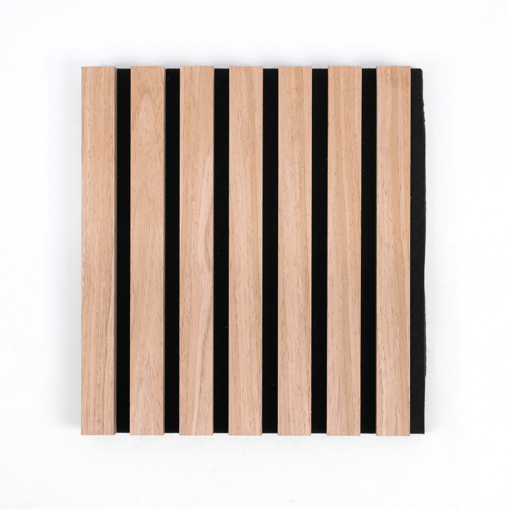 Front view of a natural wood acoustic wall panel with evenly spaced slats on black backing