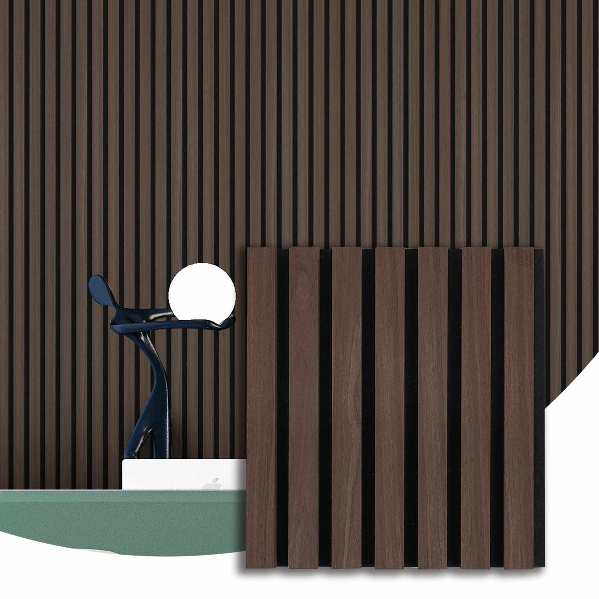 Dark brown acoustic wood wall panel installed in a modern interior, with enlarged slat detail