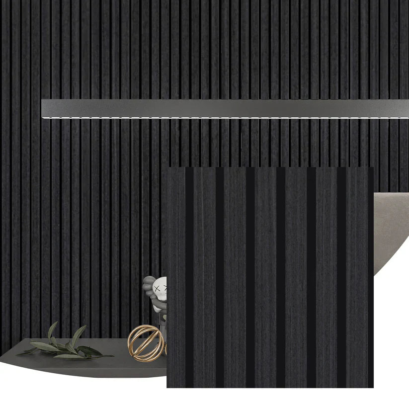 Black acoustic wood wall panel installed as a vertical slat feature in a dark modern interior