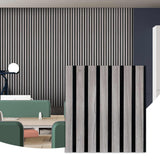 Gray acoustic wood wall panel installed in a contemporary room, with enlarged slat detail